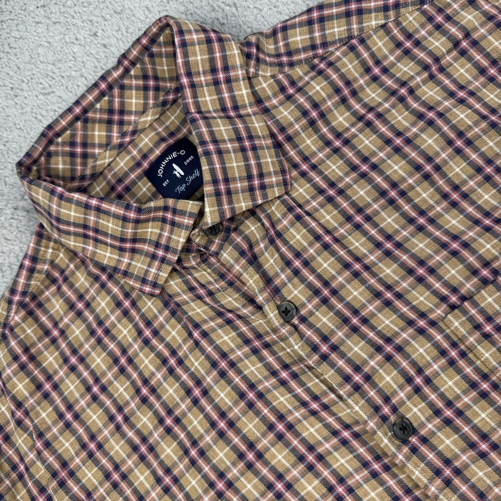 JOHNNIE O Shirt Mens Large Khaki Plaid Lloyd Button Up Preppy Cotton Casual